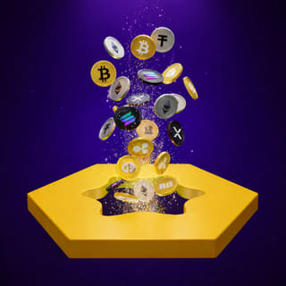 Collection of various digital currency tokens displayed on a polished dark reflective surface